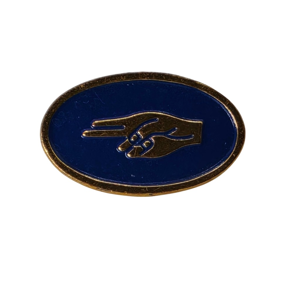 Vintage Blue Enamel Gold Tone Hand Gesture Oval Lapel Pin LP Hallmark